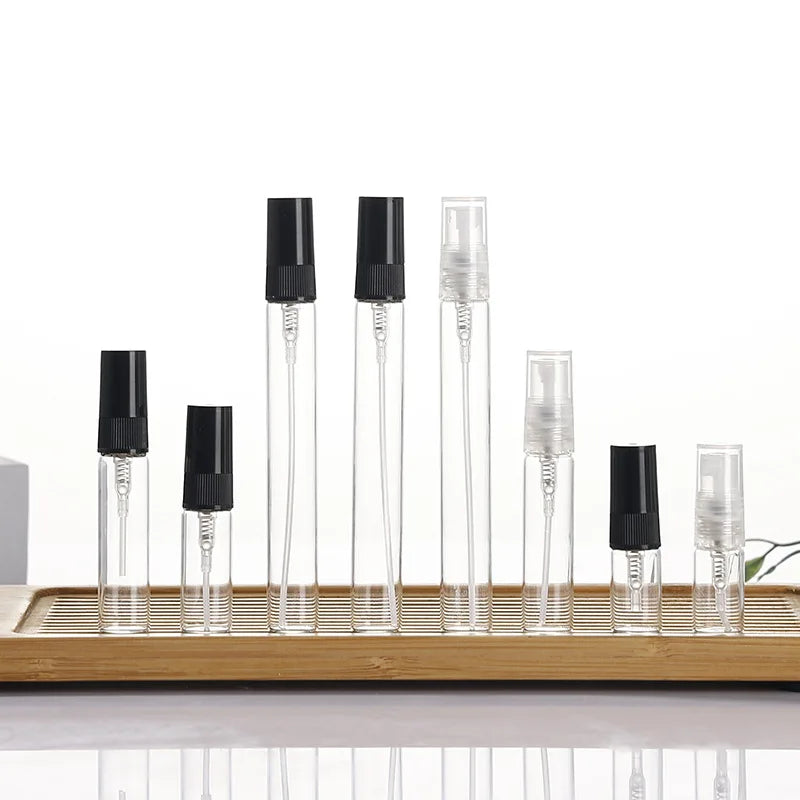 Wholesale Custom Clear Round Mini Perfume Decant Bottle Pump Sprayer 2ml 3ml 5ml 10ml Glass MOQ 100pcs Box Packaging Included