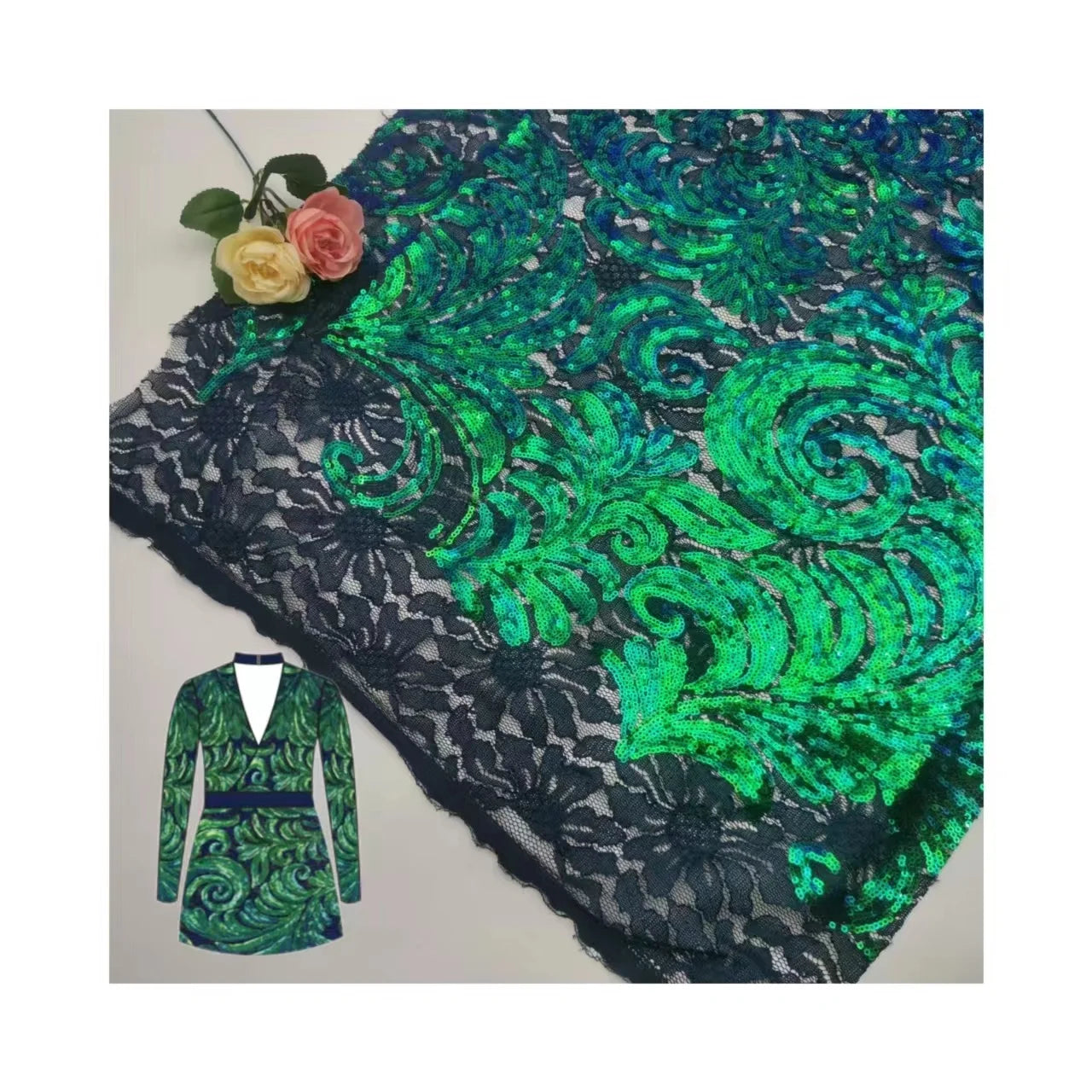 2024 Fashion Design Sequin Embroidery Mesh Lace Fabric With Metallic Luster Floral Pattern for Women's Dress