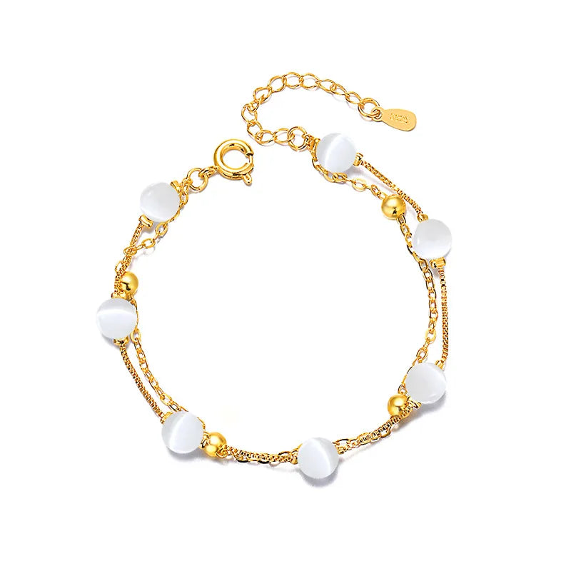 Office Lady Adjustable New Fashion Jewelry Two Double Layers Gold Copper Alloy Cat Eye Stone Beads Bracelets for Women