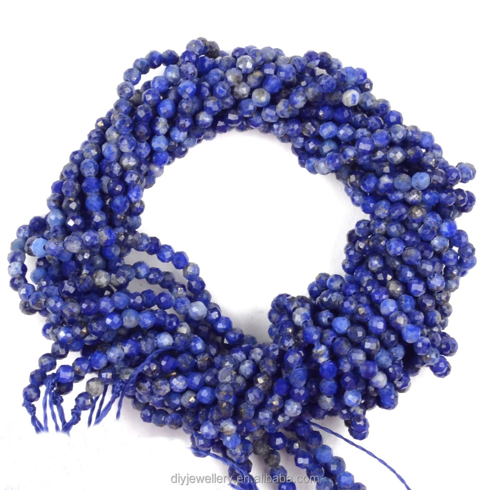 AsVrai U 2/3/4mm Natural Faceted Lapis Lazuli Gemstone Stone Loose Beads for Jewelry Making DIY Bracelet Accessories 15"