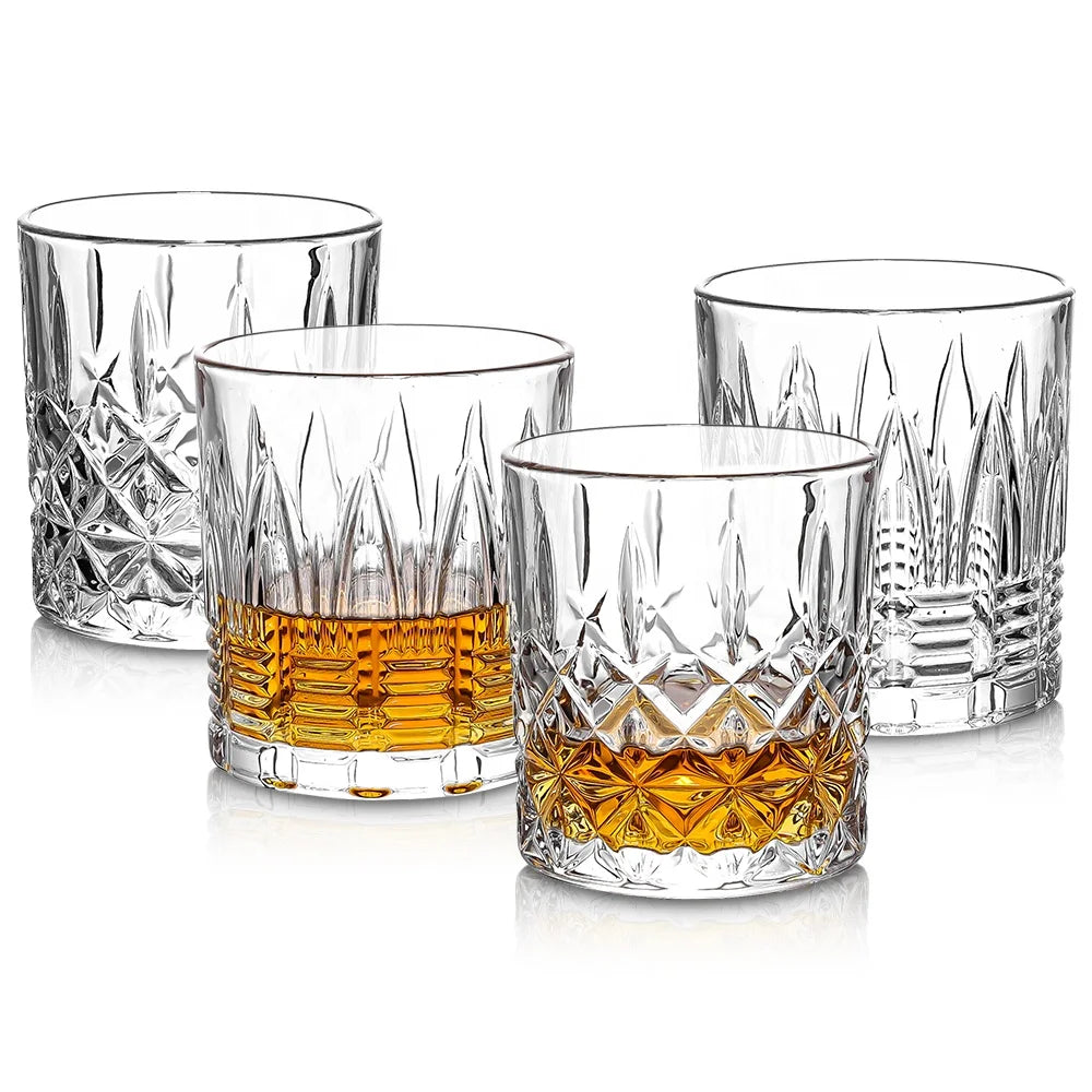 11oz Retro Old Fashioned Rocks Tumbler Embossed Whiskey Glasses Bar Clear Spirits Glass Shot Cup