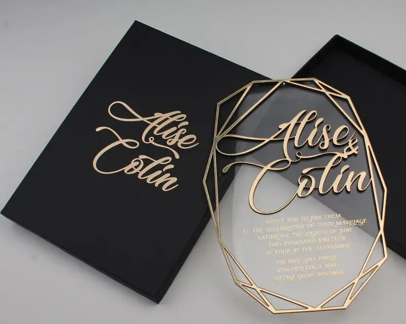 Customizable Printing Gold Foil Acrylic Wedding Invitation Card Box With Bridal Groom Names Exquisite Hard Cover Velvet Box