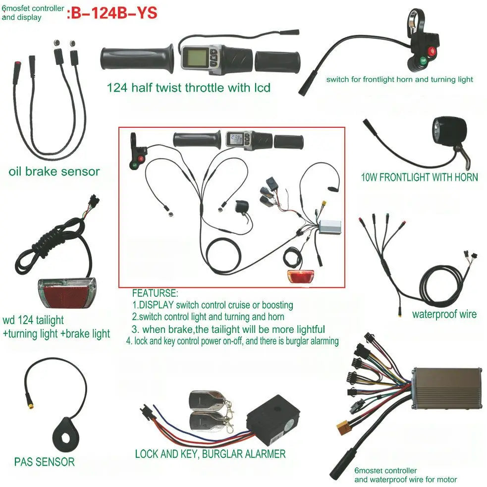 Electric Bicycle DIY Kit Controller+Meter 124+Headlight+Tail Light+PAS+ALARMER+Waterproof Cable Mountain Bike Moped Accessories