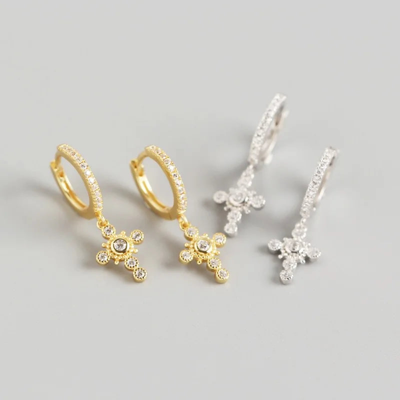 925 Sterling Silver Small Hoop Earrings for Women Cross Zircons Earrings 2020 Lady Girl CZ Crystal Earings