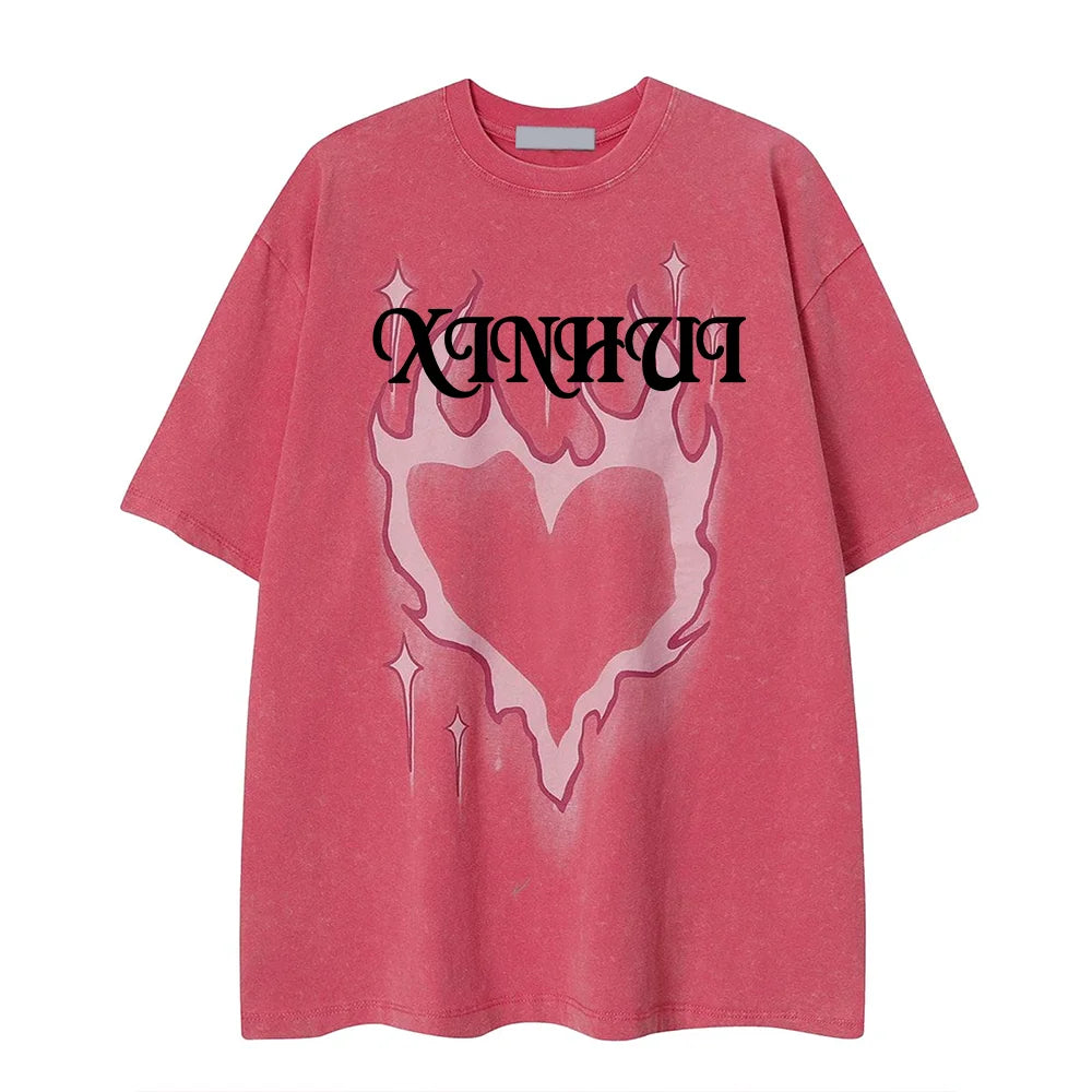 Custom Men Heart Printed Oversize 100% Cotton Soft Breathable Streetwear Tops Casual Loose Crew Neck T-shirts for Summer