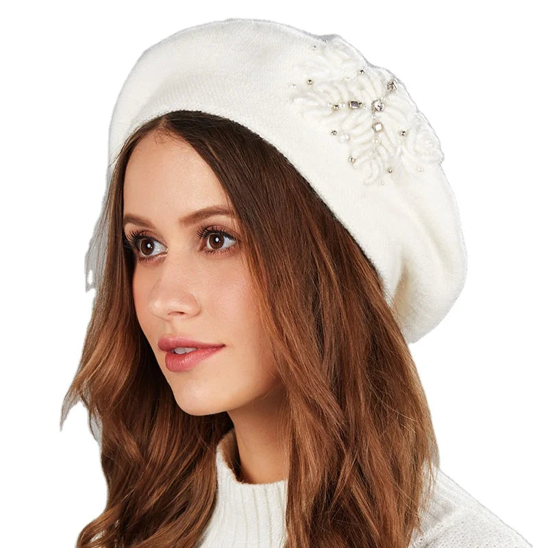 Fashion Women Angora Rabbit Fur Ladies Dress French Beaded Beret Hat Painter Hats