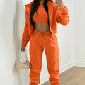 Fashion Women Tracksuit Casual Hooded Sport 3 Pieces Set Solid Color Long Sleeve Zipper Coat Crop Top Drawstring Pants Suits