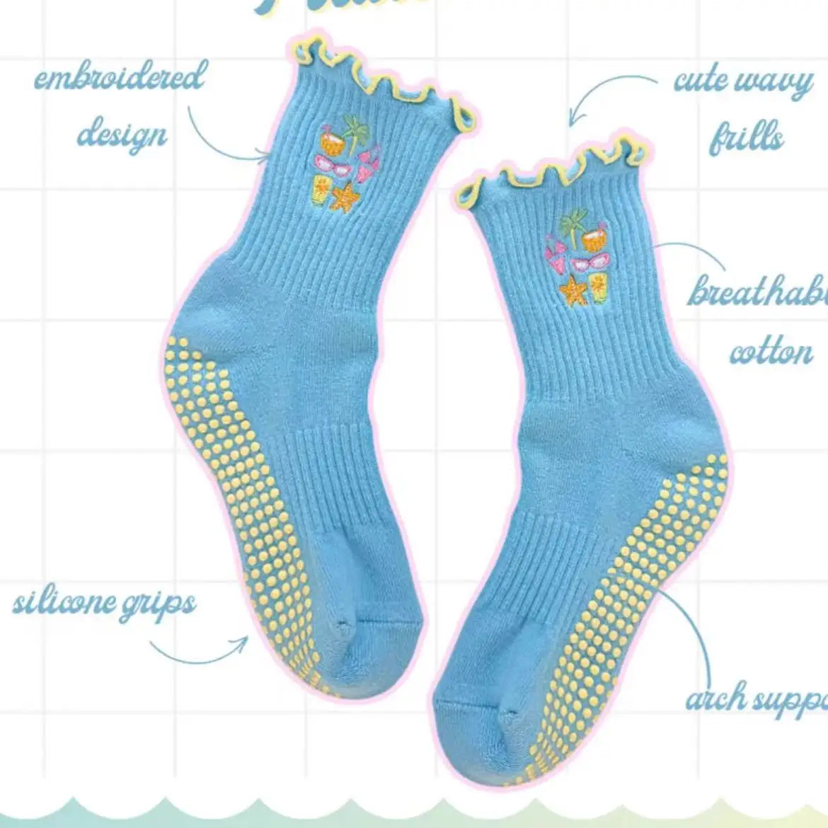 Branded Anti slip Pilates Grip Socks Fitness Personalized logo Yoga Pilates Socks Embroidered Frills Pilates Sock Reformer