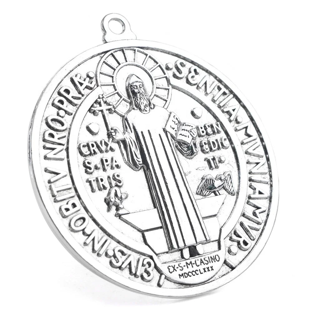 High Quality Large 90mm Alloy Silver Medal Catholic Saint Benedict Religious Metal Pendant Plated Jewelry Charm for Gift