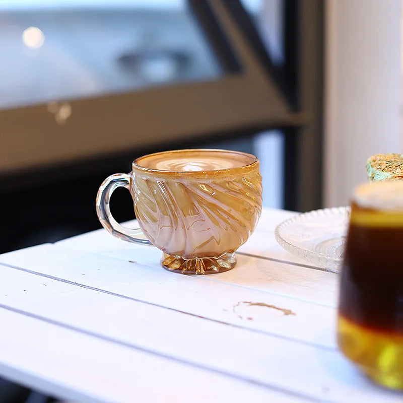 Modern Retro French Embossed Wave Transparent Glass Coffee Cup Luxury Single Tea Cup with Engraving Reusable Tea & Coffee Saucer