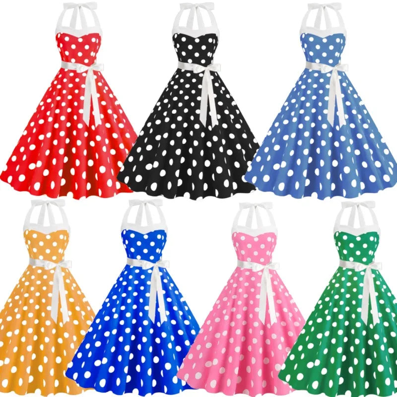 Women 50s 60s Vintage Polka Dot Halter Dress With Bow A-Line Swing Party Dress Wholesale