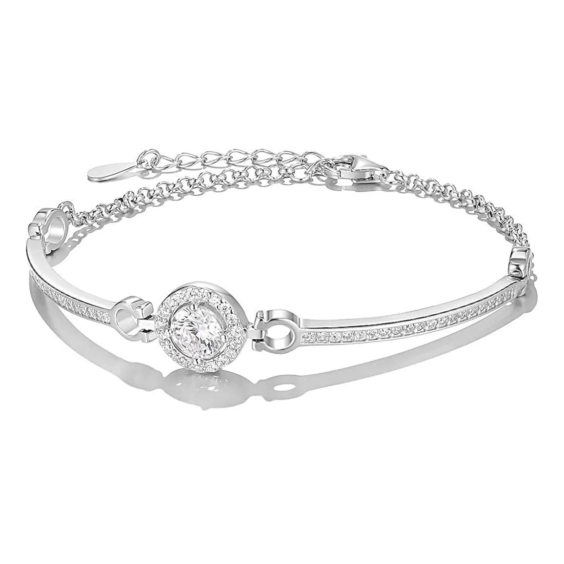 Fashion Jewelry Women's Bracelet 925 Sterling Silver Round Zircon Charm Bangle Bracelet Row of Diamond Silver Bracelets Women