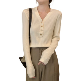 Spring French Slim-Fit Sweater Sweater Top Korean Style Long Sleeve Jersey Cotton T-Shirt for Women