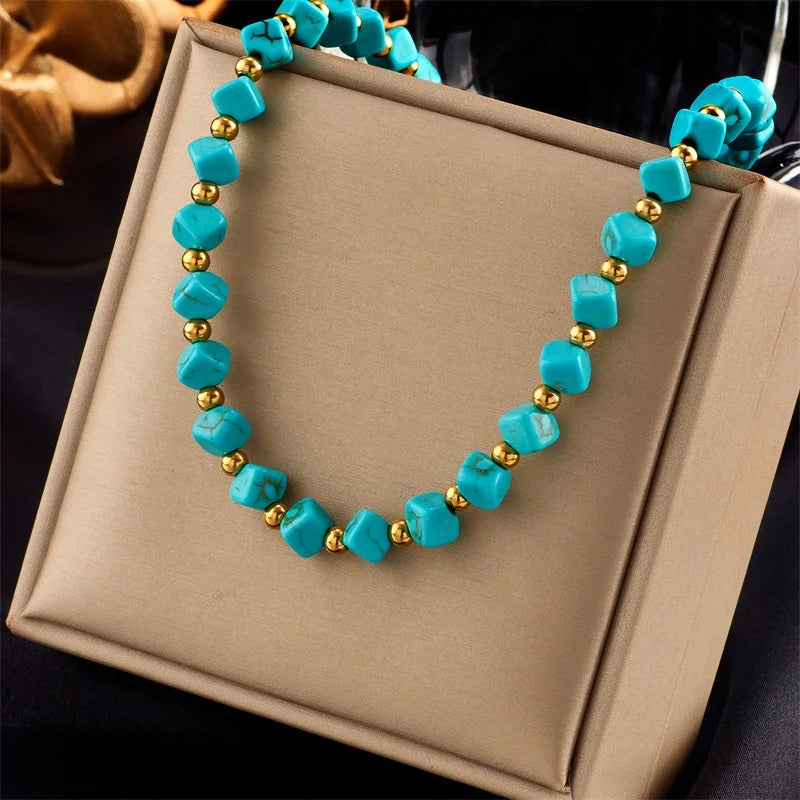 European American Retro Stylish Turquoise Titanium Steel Butterfly Beaded Braided Necklace Trendy Religious Christian Pearl Gift