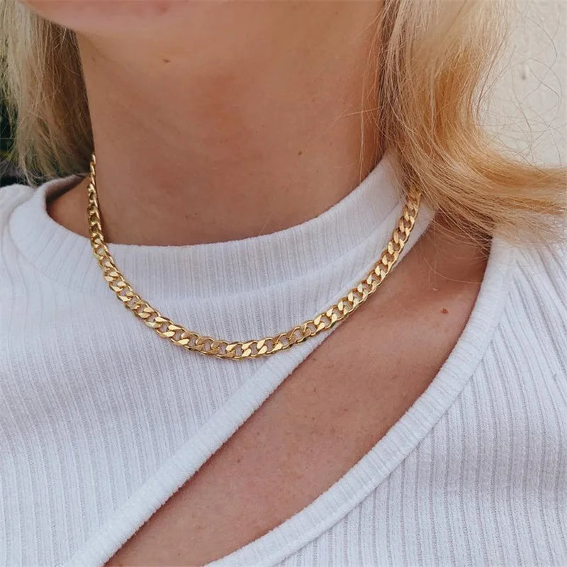 Fashion European Vintage Stainless Steel Clavicle Chain Choker 14K Gold Cuban Chain Necklace for Women Party