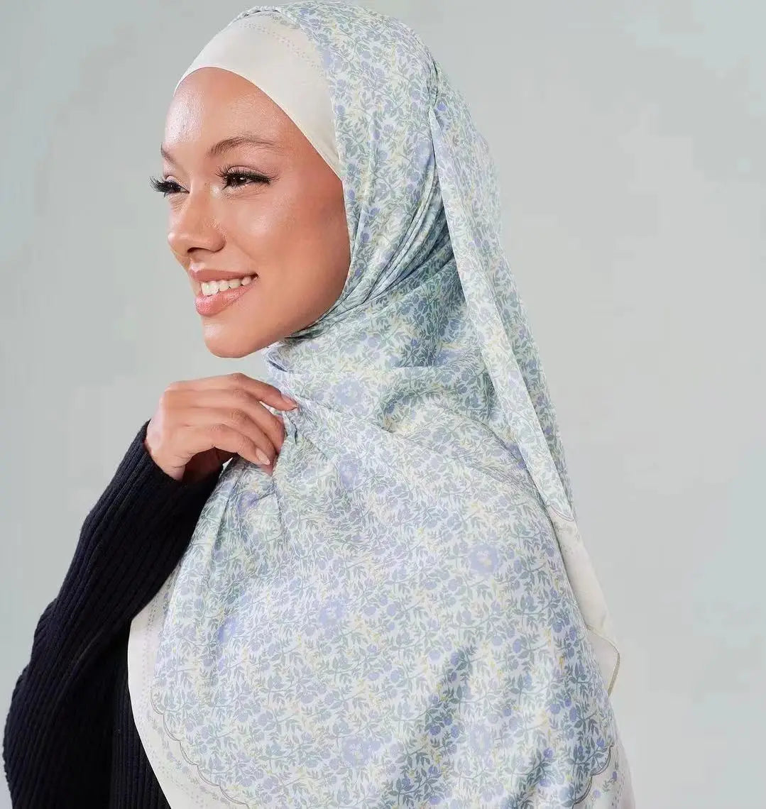 Popular Small Flower Design Printed Silk Satin Scarf Malaysia Muslim Shawl Printed Matte Satin Hijab Tudung