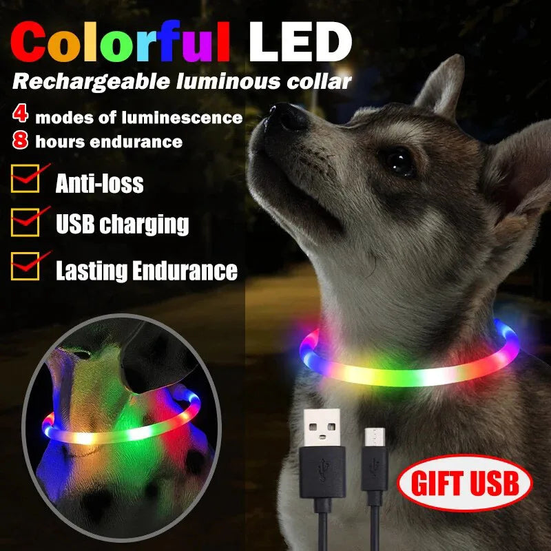 USB Rechargeable LED Dog Collar Soft Silicone Material Durable Solid Pattern Colorful Light Feature Night Glow Bright Dogs Cats