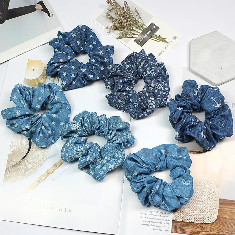 Custom Logo Denim Hair Scrunchies for Women Bulk Wholesale Fabric Hair Ties Blue Hairbands