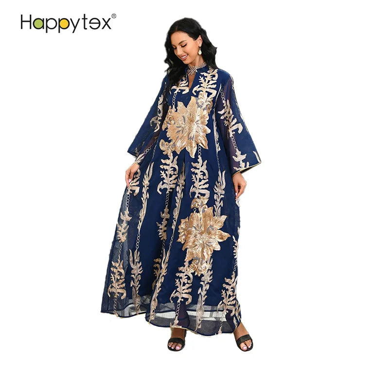 Fashion New Women Long Sleeve Floral Sequined Embroidery Dubai Middle East Islam Abaya Muslims Dress Ramadan Eid Party Dress