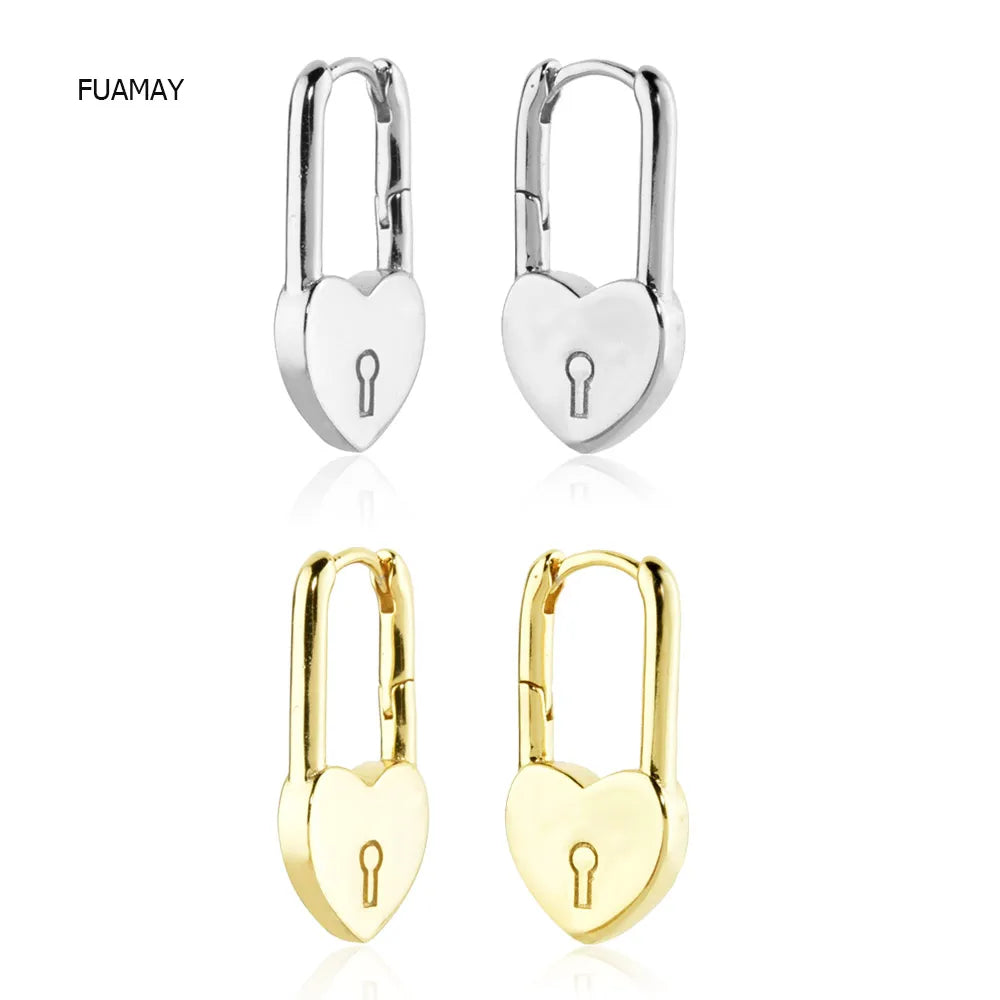 FUAMAY 925 Silver Heart Padlock Hoop Earrings Safety Pin Earrings Boucle D'oreille Femme