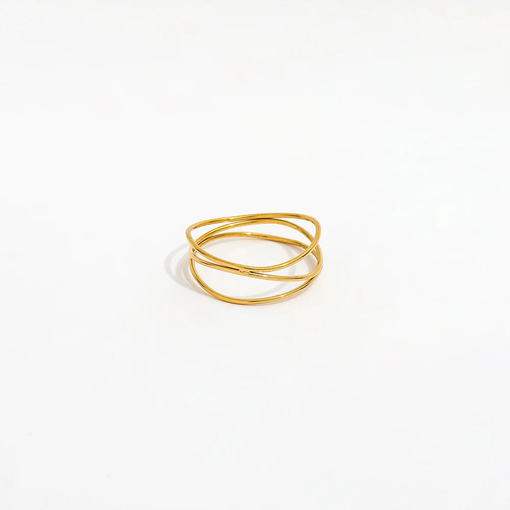 Tarnish Free High End 18K Gold Plated Three Layer Round Lines Cross Dainty Rings for Women Stainless Steel Jewelry