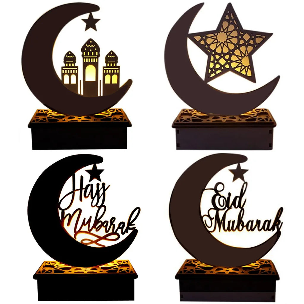 Cross-border New Wooden Handicraft Ornaments Creative Stars and Moon Carved Hollow Letters LED Lights Decorative Ornaments