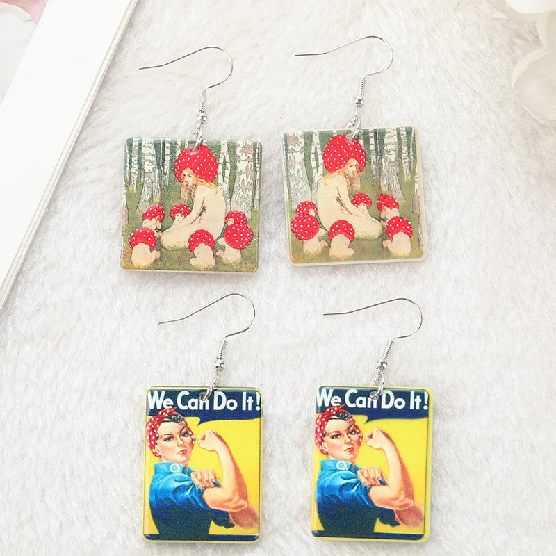 1Pair Magic Mushroom Dangle Earrings Acrylic We Can Do It Earring for Birthday Gift