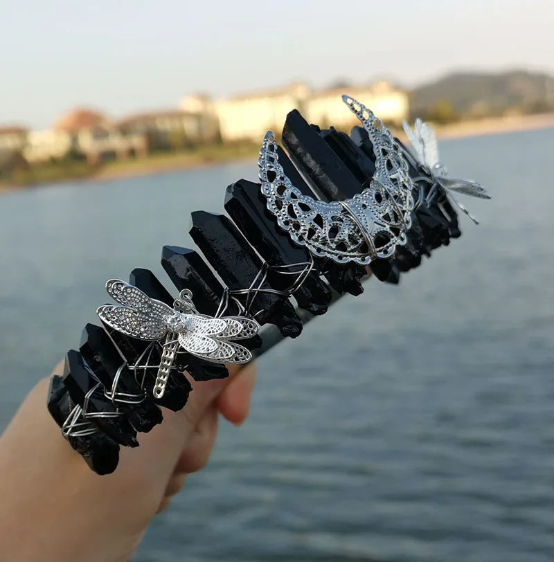 DIY Beauty Plating Color Handmade Comb Custom Black Dragonfly Accessories Moon Crown Bridal Headband Hair Accessories Crystal Crafts