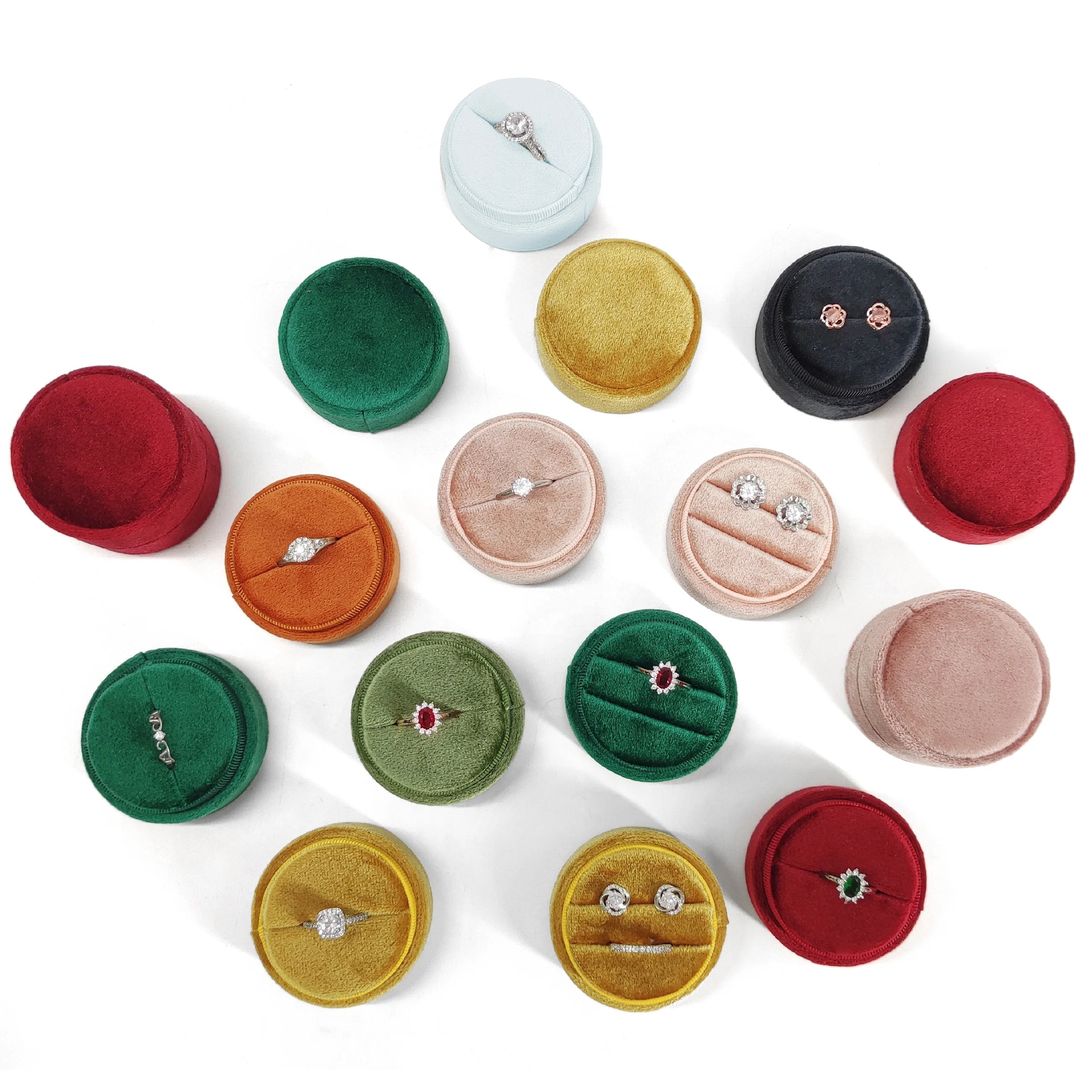Jewelry Box Manufacturer Wholesale Spot High-End Wedding Round Velvet Ring Packaging 1/2 Slots Ring Box Jewelry Box Custom Logo