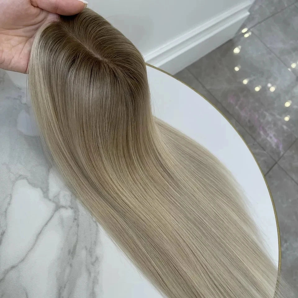 Blonde Highlight Color Dark Root Full Hand Tied Silk Base Topper European Remy Hair Top Quality Cuticle Aligned