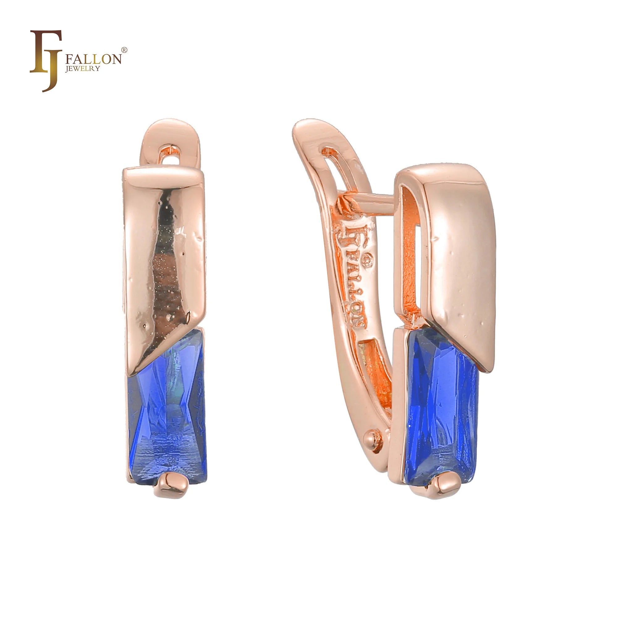 FJ Fallon Fashion Jewelry Solitaire Squared Deep Blue CZ Clip-On Earrings Plated in Rose Gold Brass Based