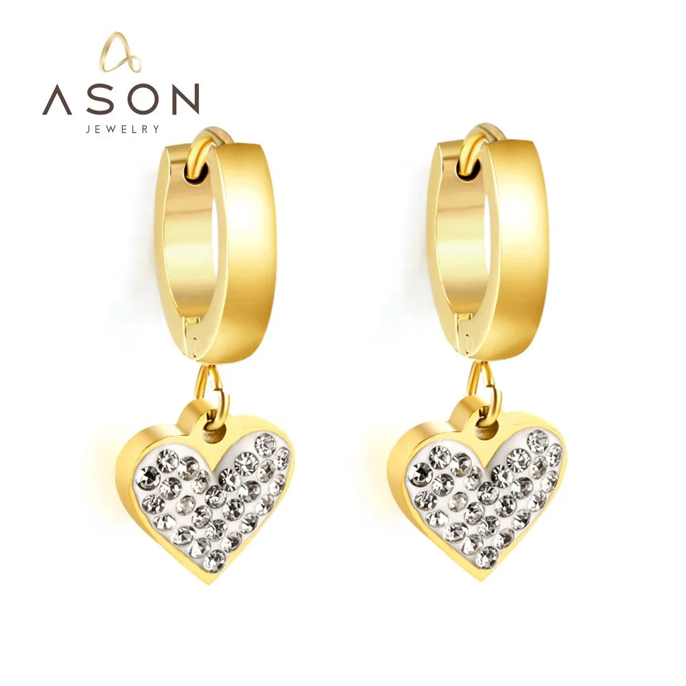 Ason 18K Gold Plated Jewelry Fashion Jewelry Piercing Zircon Heart Dangle Drop Earrings Stainless Steel Hoop Earrings for Women