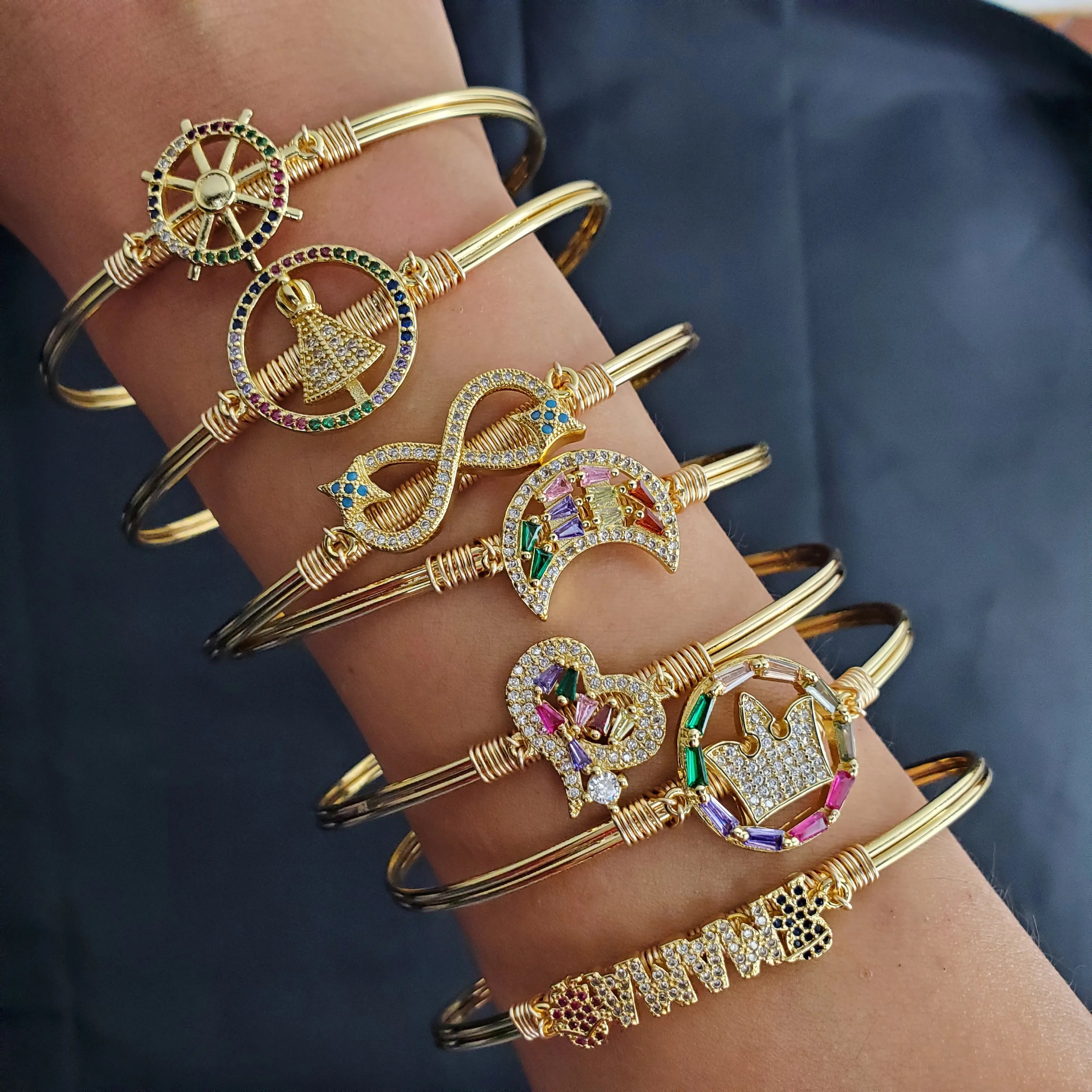 BA1034 18k Gold Plated CZ Diamond Pave Fish Eagle Animal Star Moon Heart Charm Wire Wrapped Bracelet Bangle for Women