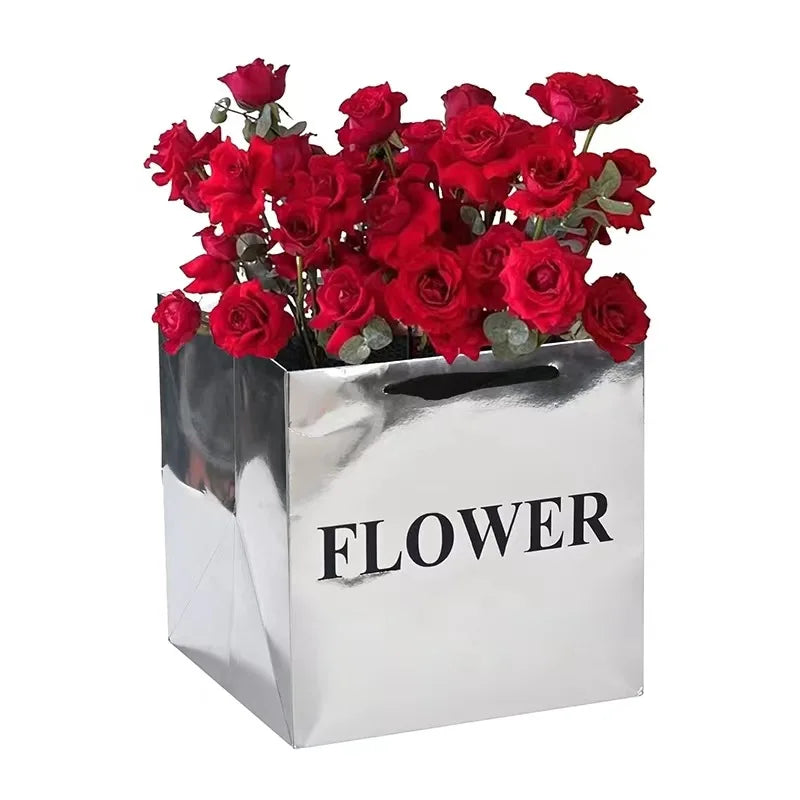 Aierflorist Hotselling Silver Mirror English Flower Gift Handbag Boutique Bag square Flower Paper Bag Gift Box Floral Art Bag
