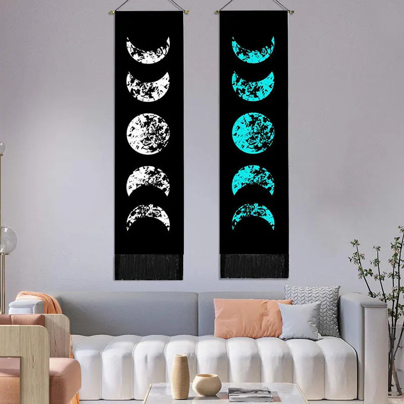 Moon Phases Tapestry Wall Art Hanging Lunar Eclipse Tapestries HD Printing Sun Moon Tapestry Psychedelic Decor Tassel Carpet