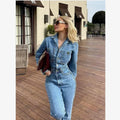 2023 Autumn Women's Clothing Suit Collar Pocket Decoration Waist Straight Leg Denim Jumpsuit Female Long Sleeve Jean Rompers