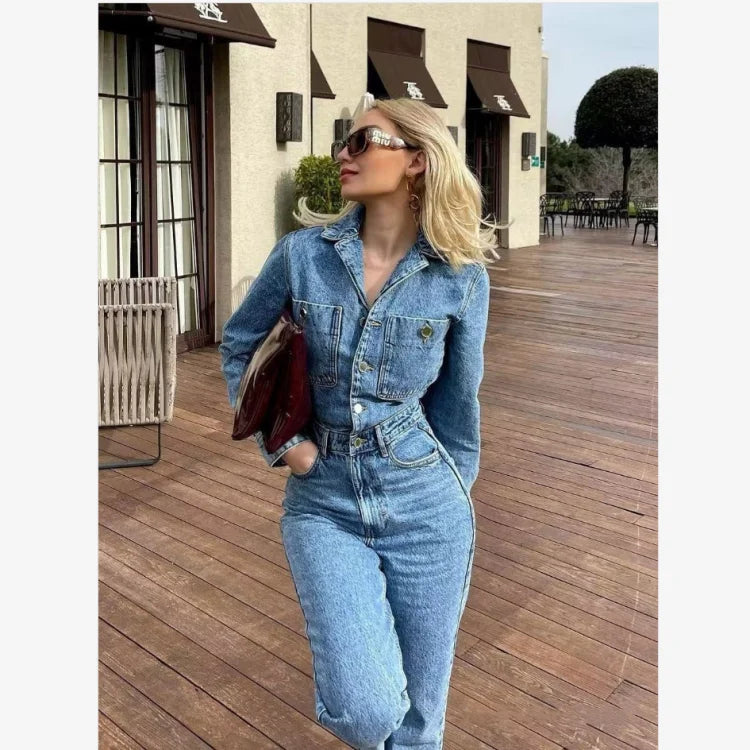 2023 Autumn Women's Clothing Suit Collar Pocket Decoration Waist Straight Leg Denim Jumpsuit Female Long Sleeve Jean Rompers
