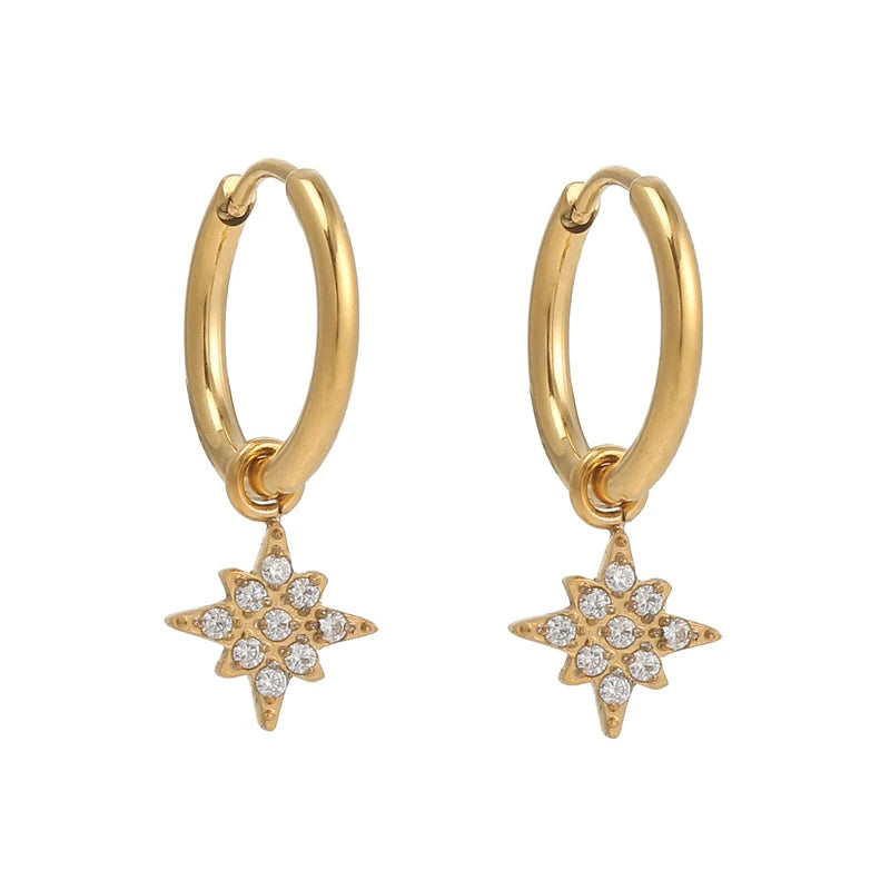 18k PVd  Dainty Elegant CNC Cubic Zirconia Pave Heart Waterdrop Starburst Cross Stainless Steel Hoop Earring Fine Jewelry