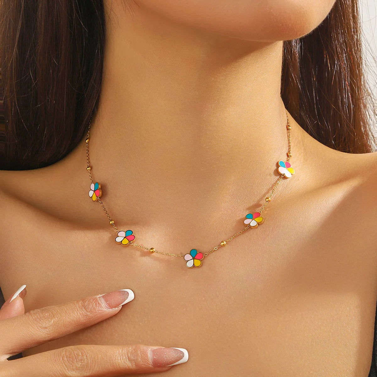 New Stainless Steel Fashion Summer Cute Colorful Five-petal Flower Oil Drop Flower Accessories Chain Jewelry Necklace for Women