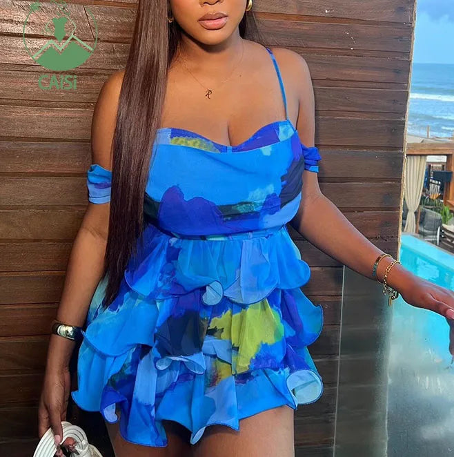 Casual Fashion Ruffle Dress Ladies Sleeveless Printed Girls' Short Dresses Summer Sexy Woman Clothing Lady Elegant for Women