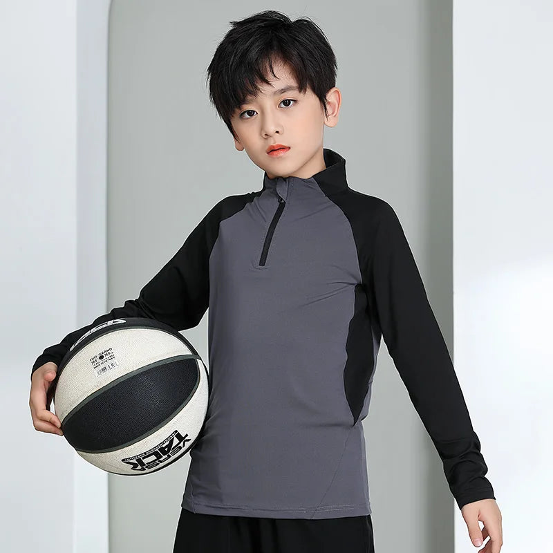 Kids Shirts Wholesale Quarter Zipper Running Long Sleeve Sport Shirt Color Block Fashion Boys Blank T Shirts