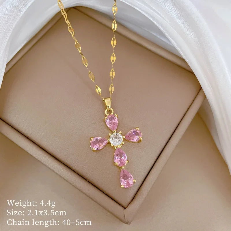 Women's Gold Plated Religious Cross Pendant Necklace with Zircon Stainless Steel Link Chain Fine Religious Pendant Necklace