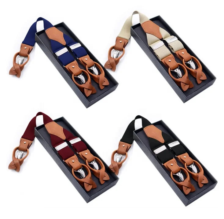 Multi-function 3 Clips Genuine Leather Braces Y-Back Shape Elastic Stretch  Men Suspender With Gift Box