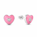 Charming Pink Enamel Heart Stud Earrings 925 Sterling Silver Rhodium Plated CZ Heart Stud Earrings for Valentine's Day Gift