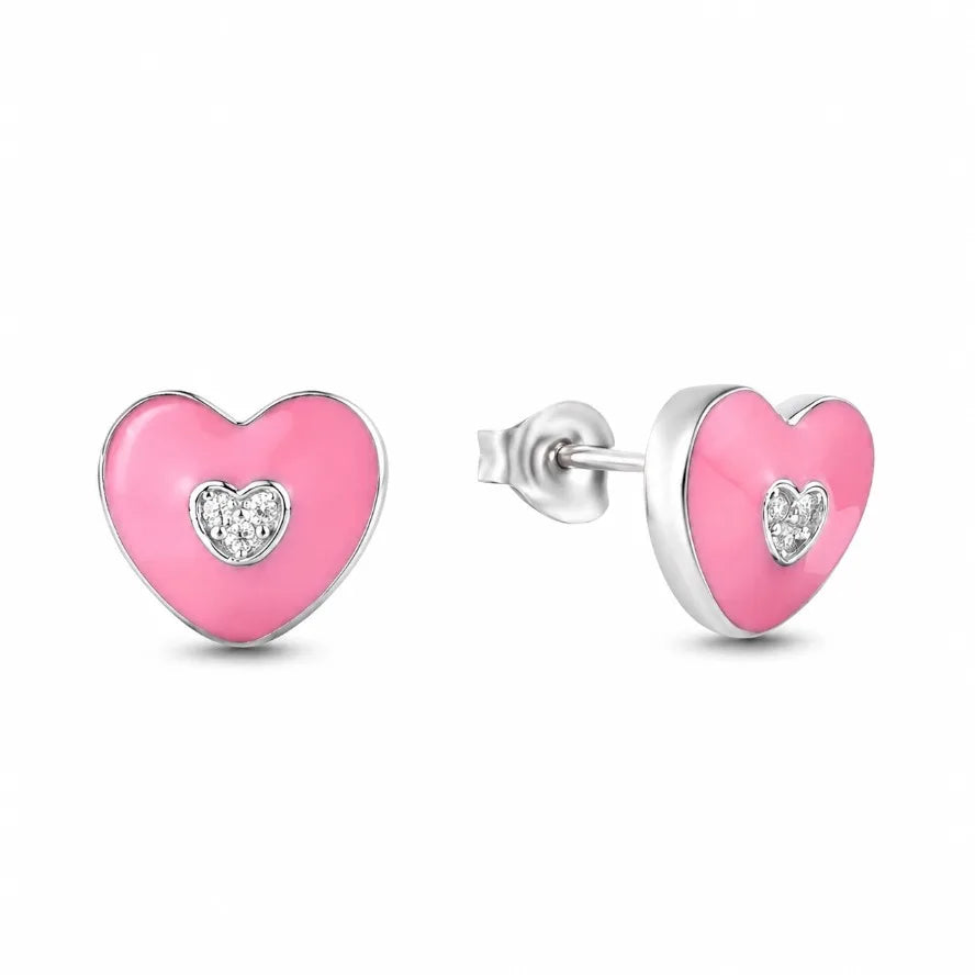 Charming Pink Enamel Heart Stud Earrings 925 Sterling Silver Rhodium Plated CZ Heart Stud Earrings for Valentine's Day Gift
