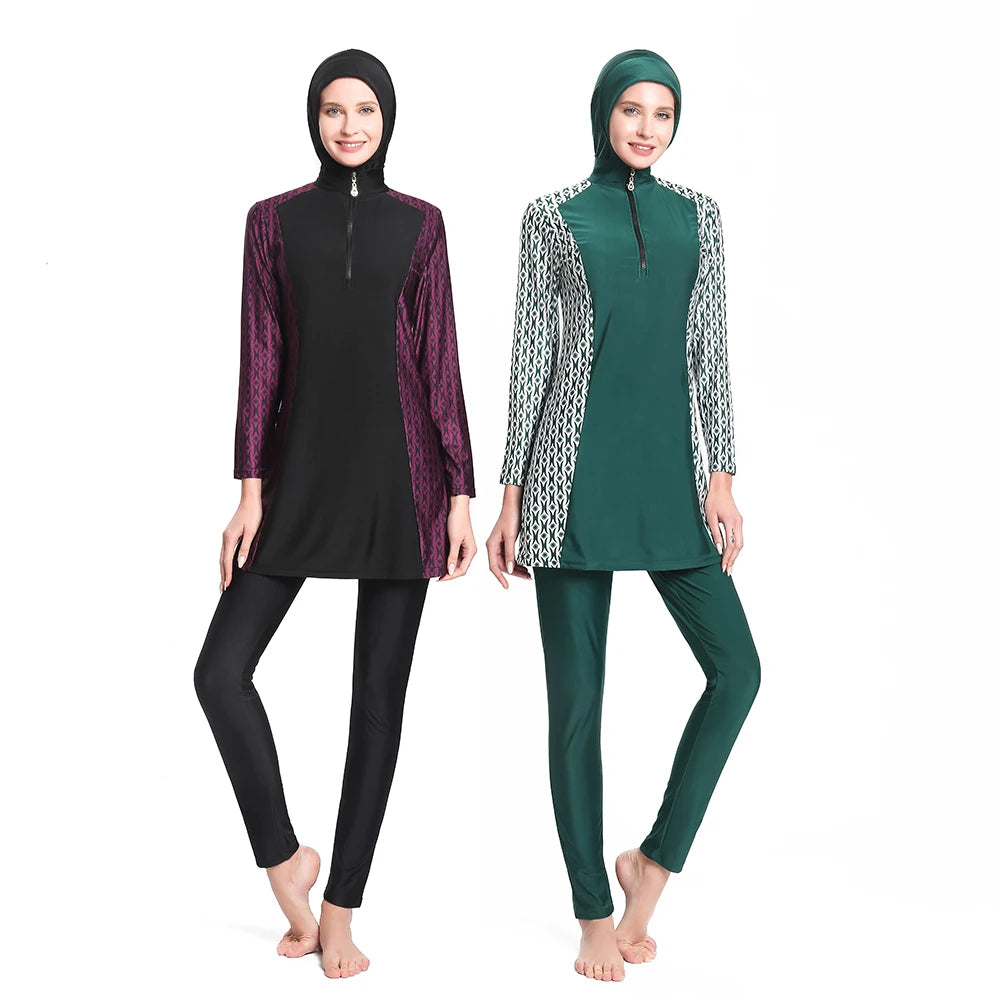 New Conservative Burkini With Printed Spliced Long Sleeves and Full Coverage Robe Muslim Swimwear