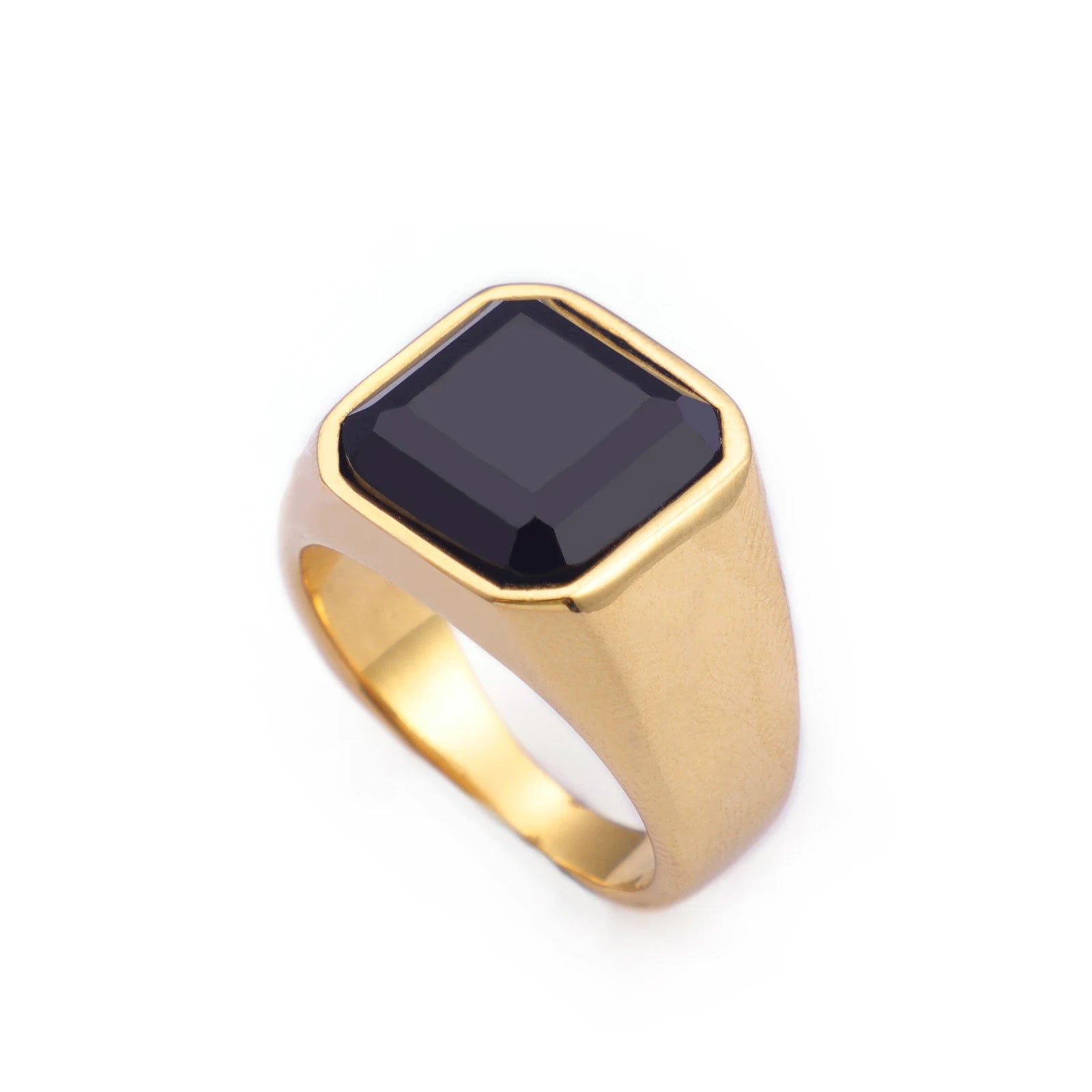 KALEN Retro Mens Black Onyx Rings Stainless Steel Square Agate Signet Rings for Men