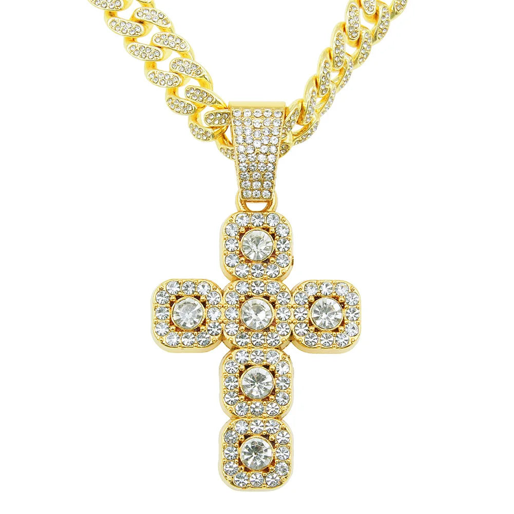 Hip Hop Full Drill Cross Pendant Cuban Chain Necklace Men's Cool Domineering Personality Collarbone Chain Choker Necklace