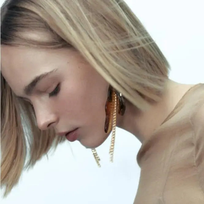 Fashion New ZA Long Crystal Chain Acrylic Resin Leaf Tassel Earrings for Women Girls Acetic Acid Plate Flower Drop Earrings