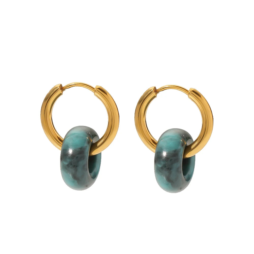 Hot Selling Natural Stones Earrings Stainless Steel 18K Gold Plated Ink Textured Stones Pendant Earrings for Women